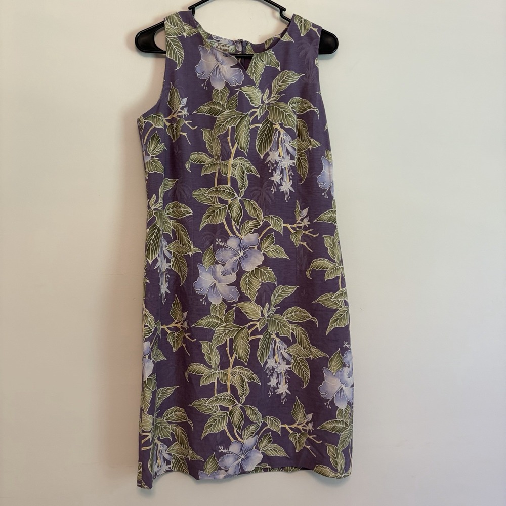 Tommy Bahama 12 Shift Silk Dress Tropical Hawaiian Resort Hibiscus Purple Green